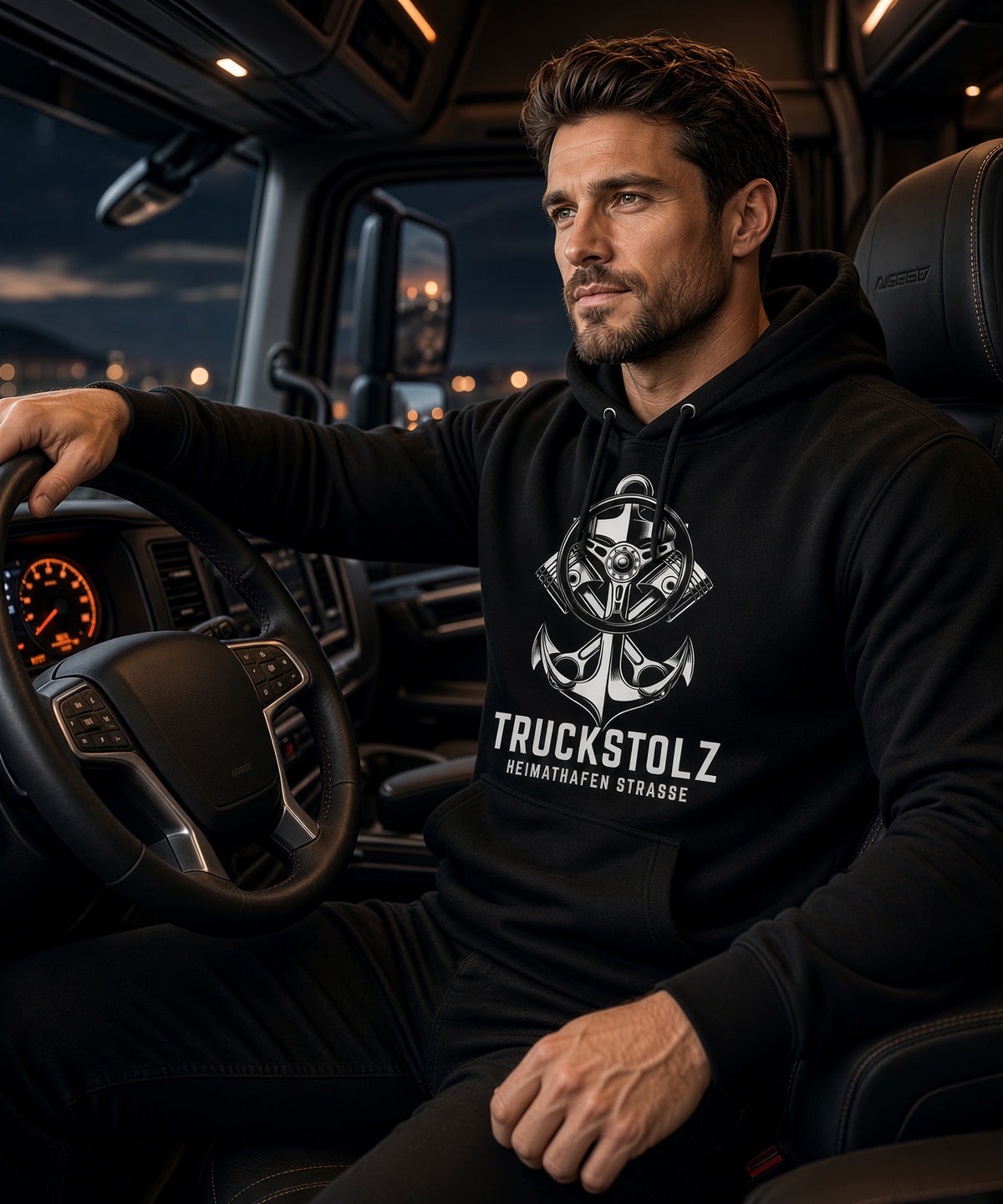 TRUCKSTOLZ® „Heimathafen Strasse“ Hoodie – Anker & Lenkrad // Schwerer Kapuzenpullover