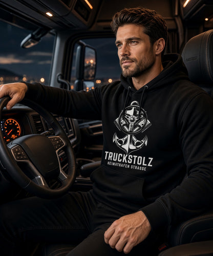 TRUCKSTOLZ® „Heimathafen Strasse“ Hoodie – Anker & Lenkrad // Schwerer Kapuzenpullover