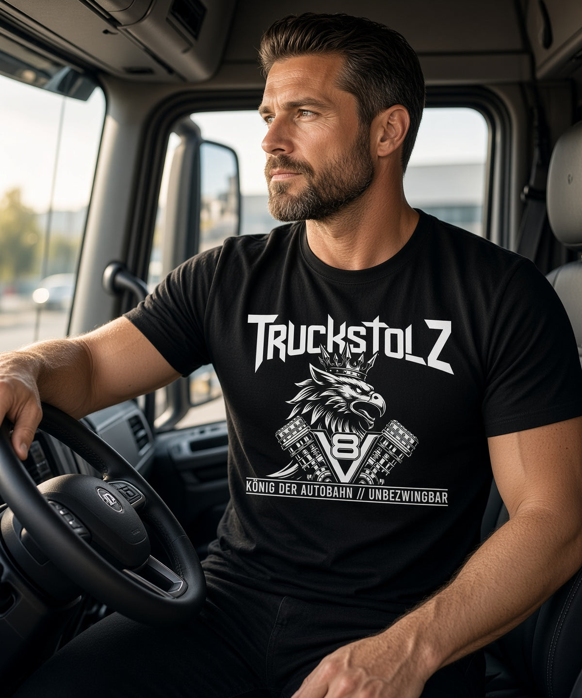 TRUCKSTOLZ® „König der Autobahn“ T-Shirt – V8 Power // Unbezwingbar