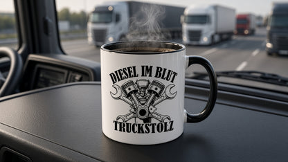 TRUCKSTOLZ® Kaffeebecher „Diesel im Blut“ – 11 oz Trucker Tasse